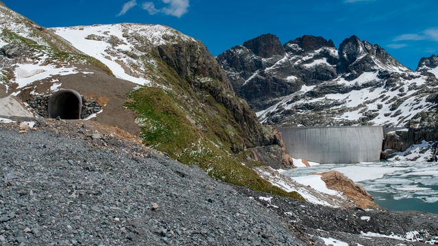 High mountains dual reservoir system in the Swiss high country High mountains dual reservoir system in the Swiss high country