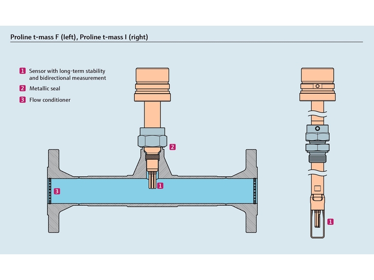 Cross-section drawing of an inline and an insertion thermal mass flowmeter
