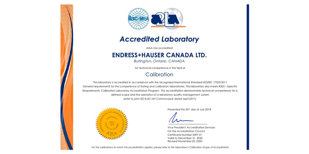 Certificat ISO17025:2017 pour le Canada